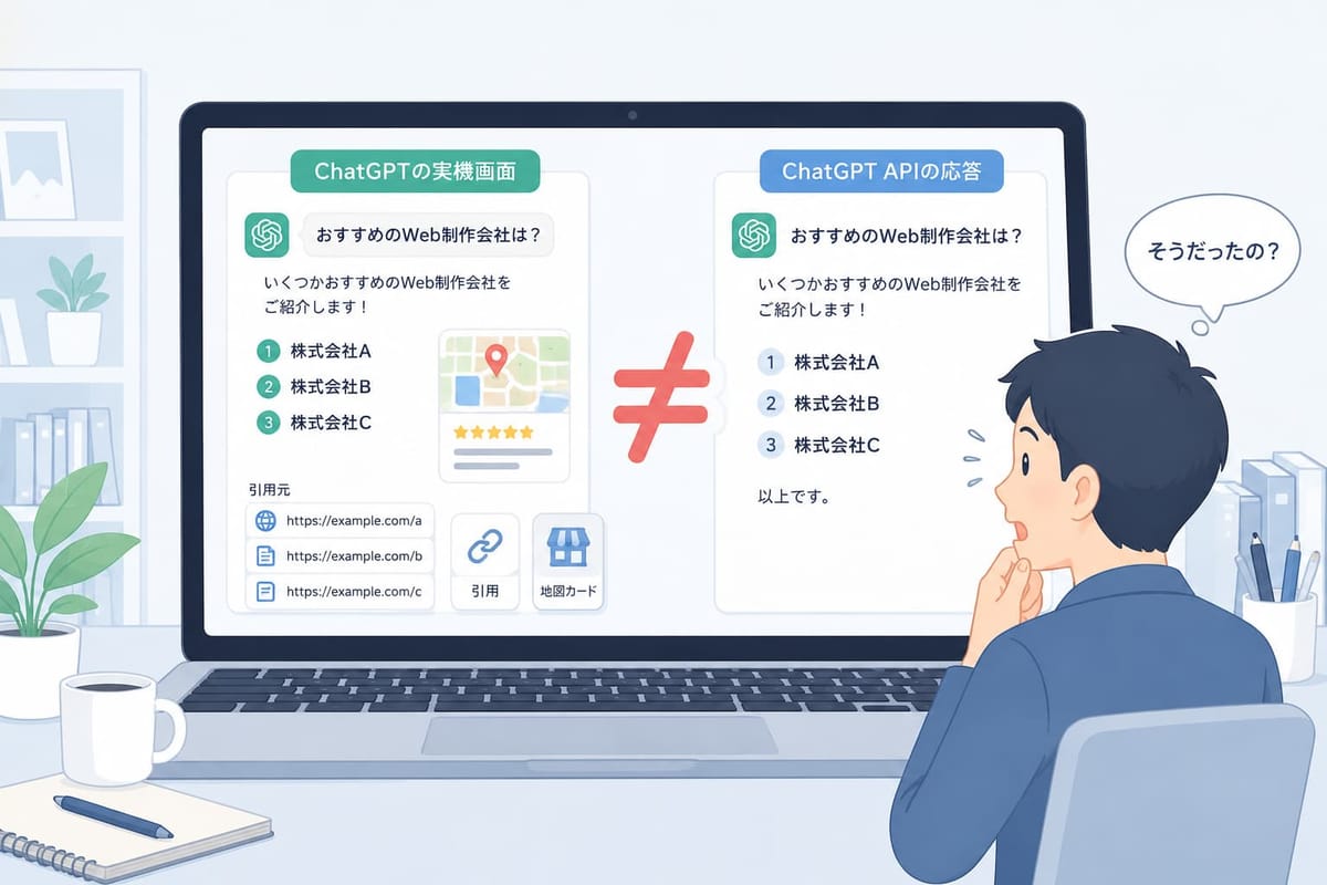 「おすすめのWeb制作会社は？」に対するChatGPTの実機画面とAPIの応答を≠で比べる図。実機には引用元URLと地図カードがあり、APIは会社名の列挙のみ